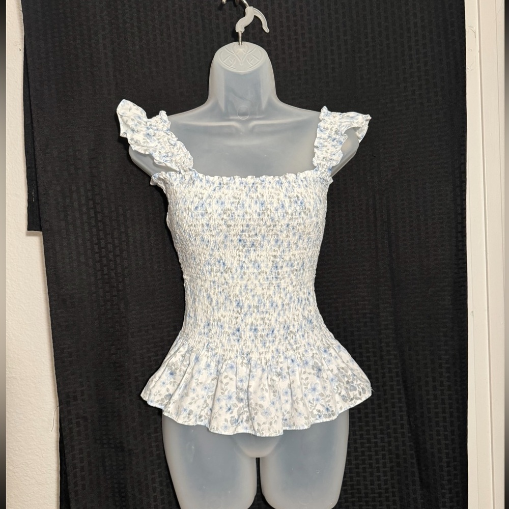 White & blue floral blouse